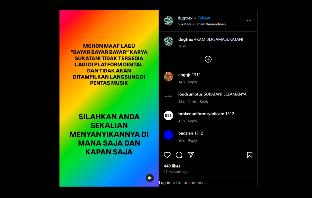 Pernyataan dari Dugtrax Records selaku Label Band Sukatani, Tarik Lagu Bayar Bayar Bayar dan Minta Maaf Secara Terbuka Lewat Instagram