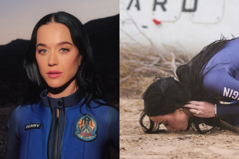 Katty Perry Langsung Cium Tanah Usai Mendarat di Bumi Kembali dari Misi Luar Angkasa All-Female Blue Origin